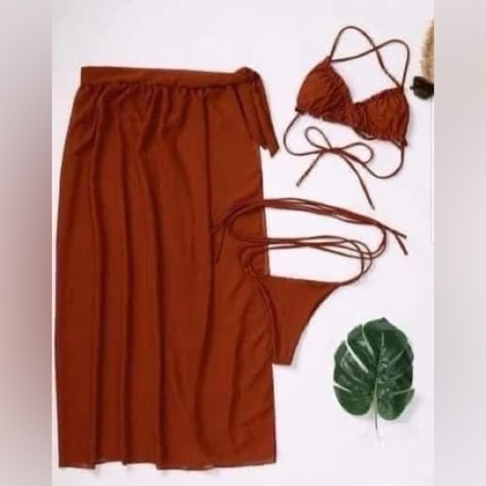Rust Orange 3-Piece Beach Set – Bikini + Wrap Skirt